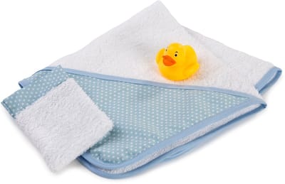 ASI DREAMS Poppen Accessoires - Poppen Badset Met Handdoek, Washandje En Eend - Met Stippen - Blauw