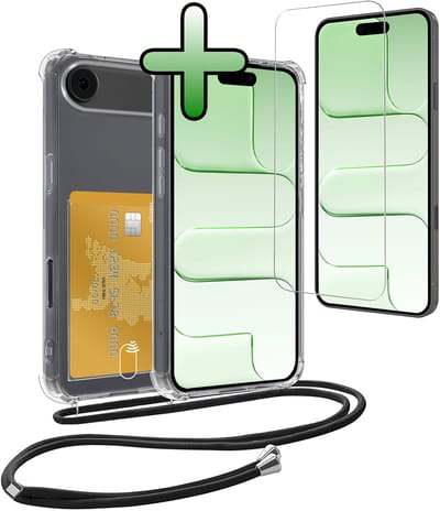Hoes Geschikt voor iPhone Air Hoesje Pas Houder Shock Proof Case Hoes Met Koord Met Screenprotector - Hoesje Geschikt voor iPhone Air Hoes Met Telefoonkoord Pasjeshouder Cover - Transparant