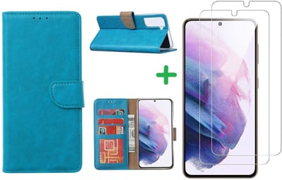 Hoesje Geschikt Voor Samsung Galaxy S21 hoesje bookcase Blauw - Hoesje Geschikt Voor Samsung Galaxy s21 hoesje bookcase wallet case portemonnee book case hoes cover hoesjes met 2 stuks Screenprotector