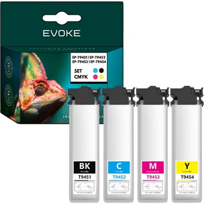 Evoke Compatibele Inkt voor Epson T9451 T9452 T9453 T9454 945XL 4X Cmyk: Zwart, Cyaan, Magenta, Geel 270 ml 20000 Pagina's Workforce Pro Wf-C5210Dw C5290Dw C5710Dwf C5790Dwf