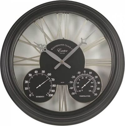 Exeter Wandklok & Thermometer 38 cm - Zwart - Romeinse cijfers - Weerbestendig