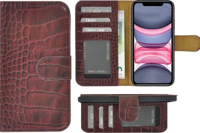 Hoesje Geschikt voor iPhone 11 - Bookcase - Portemonnee Hoes Echt leer Wallet case Croco Bordeauxrood