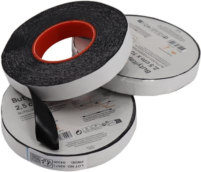 Butyltape 10 m x 2,5 cm – Dubbelzijdige plakband voor wortelwerende barrières, 420 g, met hoge kleefkracht en sterke hechting.
