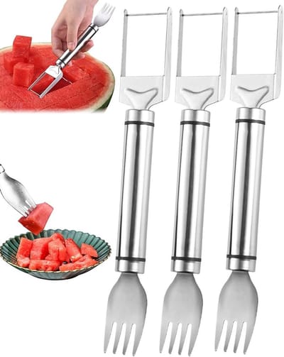 3 stuks - 2-in-1 Watermeloen Snijder Cutter - met Dubbele Kop Meloensnijder - Watermeloen Slicer Cutter Tool - RVS - zilver - voor Keuken Gadget - 24*3.3cm