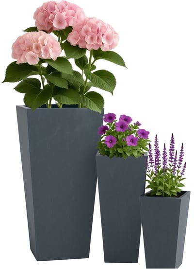 CLP Set van 3 vierkante bloempotten - voor binnen en buiten - weerbestendig vorstbestendig - steenlook - plantenbakken - fiberclay - antraciet