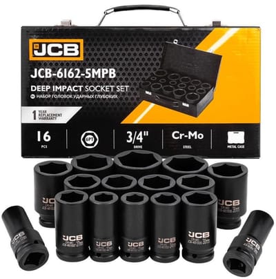 JCB 3/4" Diepe Impact Doppenset – 16-delig – 6pt - CR-Mo Staal – Inclusief Metalen Koffer