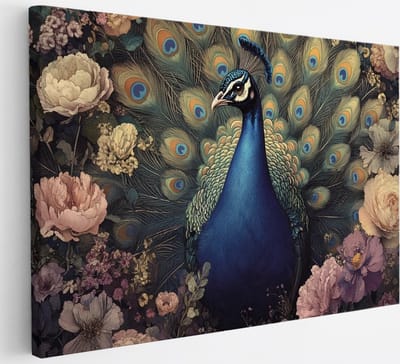Saammp Canvas Schilderij - Pauw - Hanen- Bloemen - Dieren - Natuur - 30x20 - Foto op canvas - Wanddecoratie - muurdecoratie Woonkamer - Slaapkamer decoratie - Canvas Print