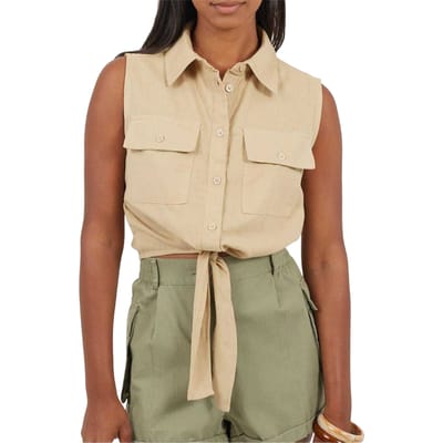 Brave Soul Mouwloze crop-top met geknoopte zoom voor dames (Zand)
