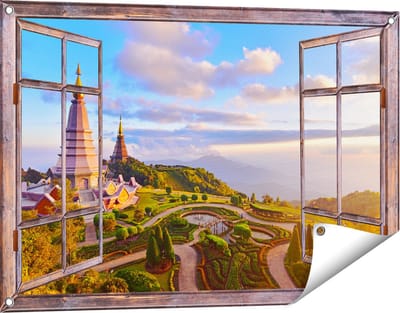 Gards Tuinposter Doorkijk Pagode Tempels in de Inthanon Berg in Thailand - 90x60 cm - Tuindoek - Tuindecoratie - Wanddecoratie buiten - Tuinschilderij
