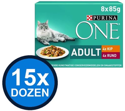 15x Purina One - Adult Kip, Sperziebonen, Rund & Wortels in Saus (8x85g) - Kattenvoer Natvoer - 680 g