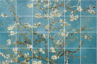 Wallfluent Tegelstickers - Van Goghs Bloeiende Amandelboom Tegelfolie - Set van 24 stuks 10 x 10 cm - Blauw Tegelfolie Keuken - Mozaïek Bloemen en Planten Tegelstickers WC