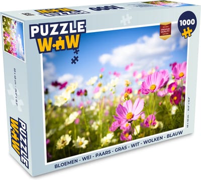 Puzzel Bloemen - Wei - Paars - Gras - Wit - Wolken - Blauw - Legpuzzel - Puzzel 1000 stukjes volwassenen