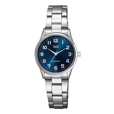 Q&Q C11A-003PY - Horloge - Analoog - Dames - Vrouwen - stalen band - Rond - Metaal - Cijfers - Zilverkleurig - Blauw