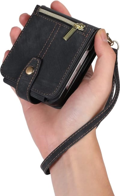 Geschikt voor Samsung Galaxy Z Flip 6 - Retro Lederen Portemonnee - Kaartsleuven - Handtas - Hoesje - Zwart
