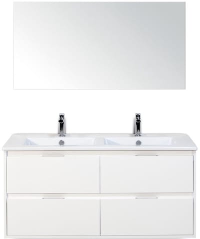 Porto Badmeubelset 120 cm - 4 Laden Wit Hoogglans - Keramische Wastafel Wit Slim met Spiegel