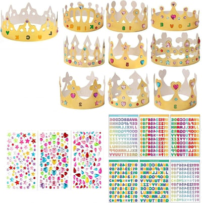 20pcs Paper Crowns Party Hats with 3 Sheets Rhinestone Stickers and 6 Sheets Alphanumeric Stickers Birthday Crown for - ShopVlot