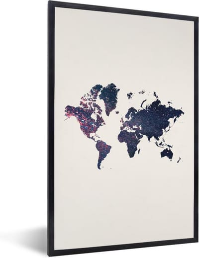 Poster in lijst - Fotolijst 80x120 cm - Posters - Wereldkaart - Glitter - Blauw - Roze - Posterlijst zwart - Decoratie - Wanddecoratie woonkamer - Muurdecoratie slaapkamer