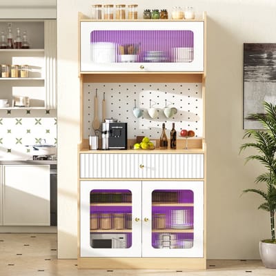 REDOM - Hoge kast met verstelbare planken en lade - Opbergvakken met open, gesloten en halfopen indeling - LED-verlichting en klepdeur - MDF en spaanplaat - Woonkamer, keuken of eetkamer - 80 x 40 x 180 cm