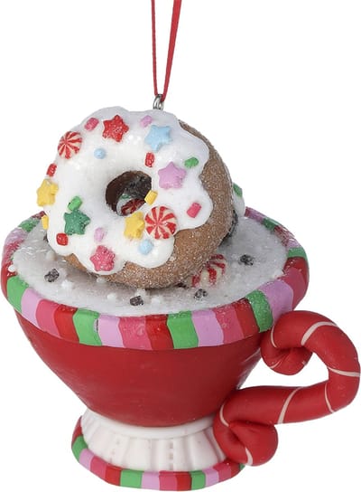 Viv! Christmas Kerstornament - Chocolademelk Mok met Snoep van Klei - rood wit groen - 8cm