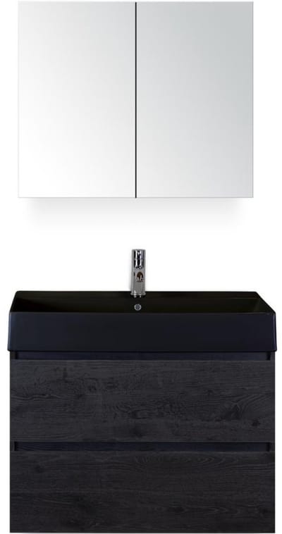 Maxx XL Badmeubelset 80 cm - Black Oak - Wastafel Kube Zwart 1 Kraangat met Spiegelkast