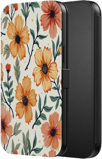 Smartphonica Telefoonhoesje Geschikt voor iPhone 12 Pro Max Kunstleren Bookcase Hoesje met Magnetisch Lipje en Pasjeshouder met Oranje en Rode Bloemen Opdruk geschikt voor iPhone 12 Pro Max