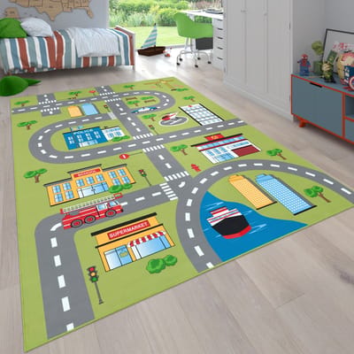 Flycarpets Binola Kindervloerkleed Groen / Kleurrijk - 100x200 cm - Speelkleed / Speelmat Auto - Laagpolig Vloerkleed Kinderkamer