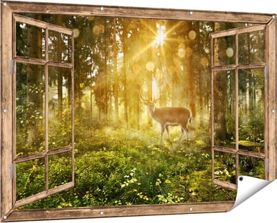 Gards Tuinposter Doorkijk Hert in Bos met Zon - 150x100 cm - Tuindoek - Tuindecoratie - Wanddecoratie buiten - Tuinschilderij