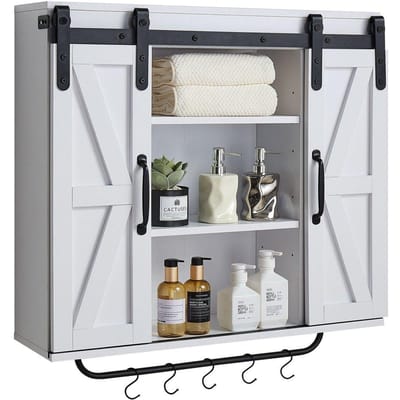 Meuble mural de salle de bain, 2 portes et étagère réglable, Rangement au-dessus des toilettes, Armoire à pharmacie murale, Organisateur suspendu avec compartiment ouvert