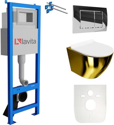 LAVITA® Inbouwreservoir Complete Toiletset LAV 101 - Inbouw WC Hangtoilet Wandcloset SOFI SLIM GOLD WHITE - Bedieningsplaat 200.1.2 Chroom - Voorwandelement voor toilet 40cm - Installatiesysteem