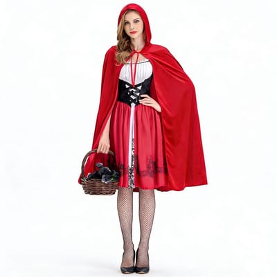 Dailygoods- Roodkapje Kostuum - Mouwloze Jurk - Cape met Capuchon - Zwarte Kousen - Sprookjeskostuum - Polyester/Spandex