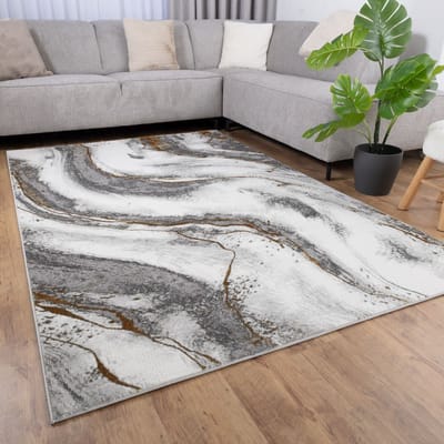 Grijs met Goud Tapijt Laagpolig Vloerkleed Koho Marble Lux - 280x380cm- Modern - Woonkamer - Salon - Slaapkamer - Eetkamer