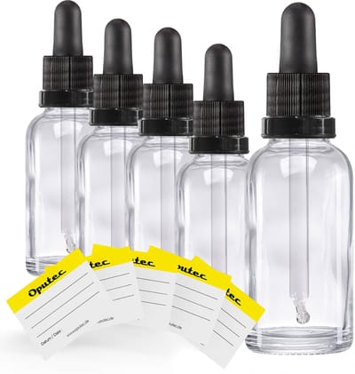 Oputec 5 x 30ml pipetfles helder glas – doseerfles met glazen pipet + etiketten
