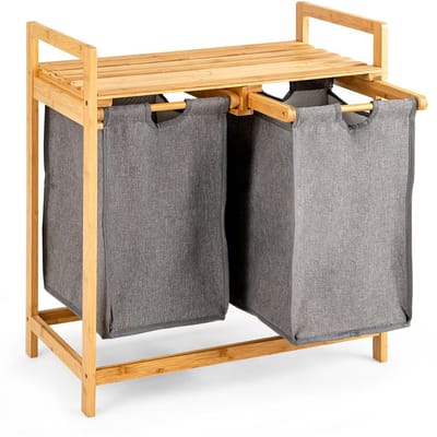 Wasmand Kast - Badkamerkast - Opbergmeubel - Wassorteerder - Kast met Wasmand - Zwart + Natuurlijk