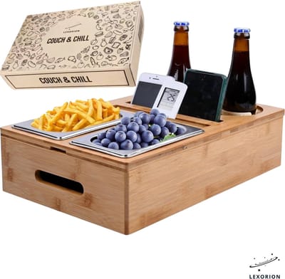 Lexorion Couch & Chill – Sofa Tray met 2 RVS Snackkommen, Flessenhouder, Organizer en Onderzetters – Houten Banktafel – Luxe Couch Bar Snack Box