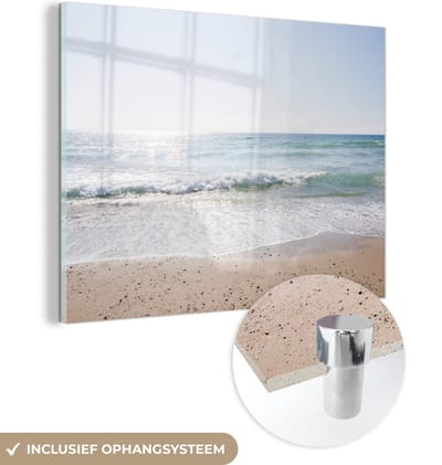 MuchoWow® Glasschilderij 80x60 cm - Schilderij acrylglas - Strand - Water - Turquoise - Foto op glas - Muurdecoratie woonkamer - Wanddecoratie slaapkamer - Schilderijen
