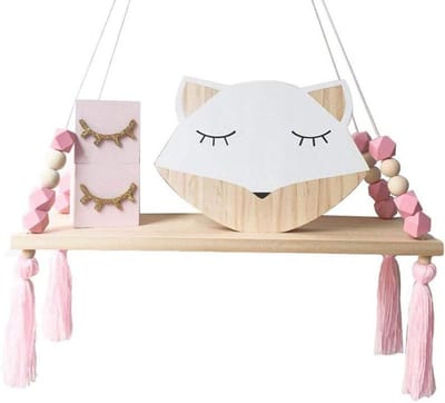 Decoratieve Wandplank voor Kinderslaapkamer in INS-stijl van Hout en Touw, Roze en Wit, 38x14x1cm, Ideaal voor Prinsessen Thema en Ruimtebesparing