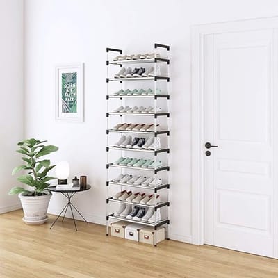 Famanu Zilver 16mm Pijp Extra Stevige Schoenenrek met 10 Niveaus Lagen, Hoge Schoenenplank, voor 20-30 Paar Schoenen, Schoenenrek voor Gang, Woonkamer, Afmeting 56 x 30 x 170cm