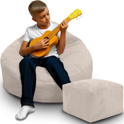 DreamRoots Zitzak voor Volwassenen & Kinderen – Corduroy Bean Bag Stoel met Voetsteun & Hoes – Inclusief Vulling – 70x70x70 cm – Vanilla Ice