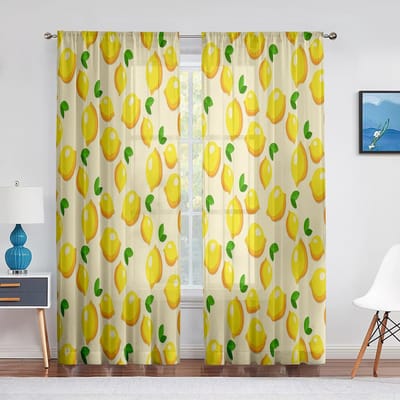 Gele Citroen Vrucht Groene Bladeren Transparante Gordijnen Raamdecoratie voor Keuken Woonkamer Slaapkamer Decoratie Moderne Tule Gordijnen 1 PCS W100XH250cm&Grommet Top