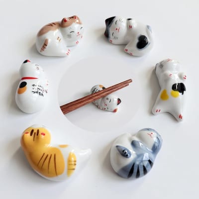 Schattige Katten Rests voor Eten - 6 Delige Set voor Etenstokjes, Bestek en Lepels, Porselein Design met Unieke Kattenuitdrukkingen