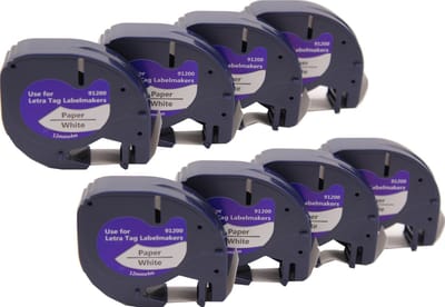 KATRIZ® huismerk label tape voor Dymo 91200 | DYMO LETRATAG LetraTag 100H/LetraTag 100T/LetraTag 2000/LetraTag QX54 |  Zwart op Wit | 12mm*4m | 8 stuks