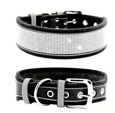 Hondenhalsband - Halsband voor Honden - Zwarte Hondenhalsband met Strass - Maat L - REFLECTEREND in het donker - Petshop Seven®