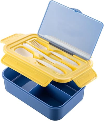 Famanu - Lunchbox, met 3 Vakken, Lunchbox voor Volwassenen 1400 ml, met Lepel en Vork Mes, voor School, Werk, Picknick - Magnetronbestendig