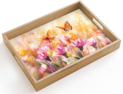 Dienblad hout 40x30 cm - Schootdienblad - Vlinders - Oranje - Bloemen - Borrelplank rechthoek - Plateau dienbladen