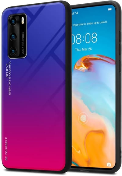 Cadorabo Hoesje geschikt voor Huawei P40 in PAARS - ROOD - Tweekleurige beschermhoes van TPU-silicone Case Cover en achterzijde van gehard glas