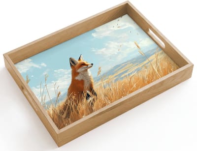 Dienblad hout 40x30 cm - Schootdienblad - Vos - Gras - Wolken - Oranje - Borrelplank rechthoek - Plateau dienbladen