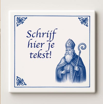 Decoratieve Keramische Tegel 15x15 cm – “Schrijf hier je tekst!” Ontwerp met Sinterklaas – Vintage Blauwe Wand- en Cadeautegel