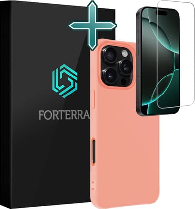 Hoesje Met Screenprotector - Geschikt voor Apple iPhone 16 Pro - Sterk & Shockproof - Telefoon Hoes - Back Cover - Siliconen Case - Perzik
