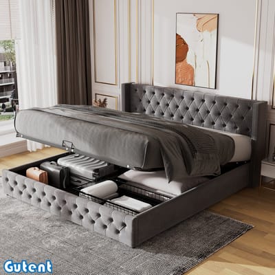 Gutent Tweepersoonsbed-Oorontwerp-180*200cm-Hydraulisch-Niet-geweven stof bedekt onder bed-Grijs