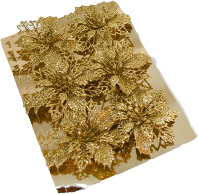 Gerimport Kerstboom bloemen op clip - 12x stuks - goud - kunststof - kerstornamenten